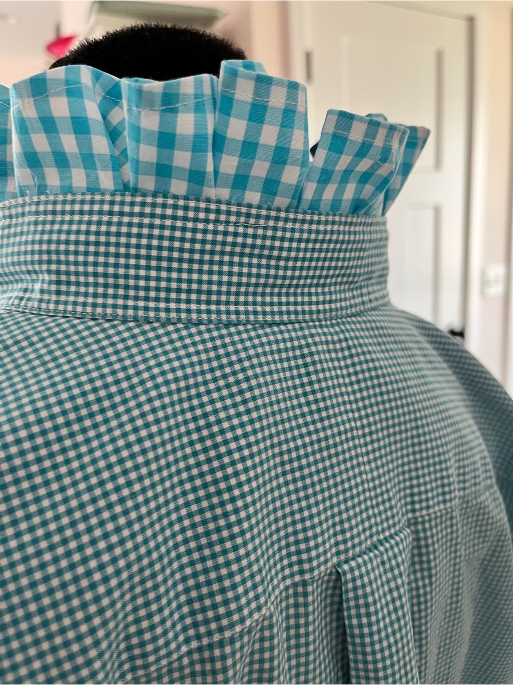 Refashioned Ralph Lauren Teal Gingham Button-Down Ruffle Collar - Picture 4 of 6